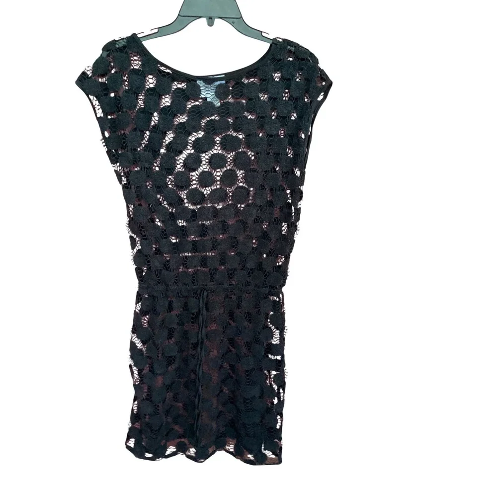 Sand‎ & Spirit Black Lace Polka Dot Swim Cover Up Dress XL Sleeveless Drawstring